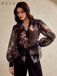 Aliao 高端印花长袖薄纱衬衫，度假风，秋季女装，纽扣衬衫，Fowy 夏季上衣 - 彩色 - 查看 3