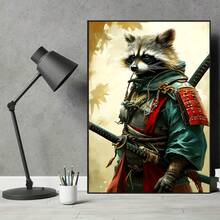 1pc Raccoon Samurai Canvas Wall Art Print, Japanese Warrior With Dual Swords And Red Sash, Vibrant Animal Art 2D Flat Print For Home, Office, Cafe, Bedroom, Living Room, Unframed - Multicolor - View 6