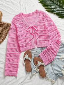 女士夏季钩针编织开衫，短袖系带露脐毛衣，轻薄透气，防晒V领上衣，适合度假、圣帕特里克节和复活节穿着。 - 玫紅色 - 查看 9