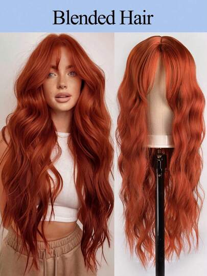 26 Inch Long Wavy Curly Wig, Women's Blended Middle Part Wig, Rusty Brown Curly Wavy Wig, Natural Looking, Suitable As Gift, Party Wig, Daily Wear Or Colored Wig