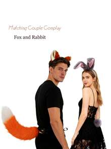 Animal Ear Headband, Fox And Bunny Set, Couple Cosplay, Party Costume, Kawaii Accessories, Photo Booth Props, Plush Ears, Matching Couple Outfit, Costume Party - Multicolor - View 1