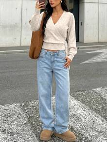 2025 Autumn/Winter Wrap Tie Knit Sweater, White, Women's Essential For Home, Commute, Date, Travel, Suitable For Various Occasions, Light Gray