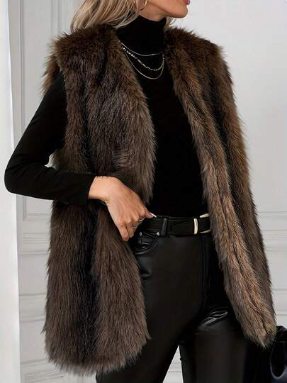 Plus Size Women Elegant Faux Fur Sleeveless Long Vest, Solid Color Regular Style Cardigan Vest, Plus Size Faux Fur Jacket For Autumn/Winter