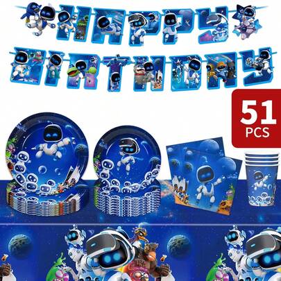 Robot & Space Themed Happy Birthday Disposable Plates, Napkins, Cups, Tablecloth And Banner Set, Party Supplies Set For 8 Guests, Suitable For Birthday, Wedding, Theme Party, Family Picnic