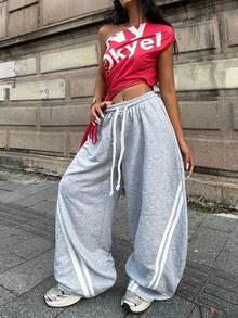 女士灰色撞色优雅简约梭织面料抽绳口袋侧条纹高腰阔腿宽松休闲裤，适合日常穿着和度假，秋冬季 - 灰色 - 查看 3