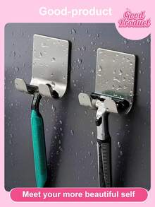 2/4pcs Razor Base, Silver Adhesive Wall Hook, No Need For Drilling, Bathroom Razor Base, Stainless Steel Door And Wall Hook, Bedroom Hat Hook, Bathroom Kitchen Bedroom Bathrobe Hook - Multicolor - View 2