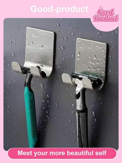 2/4pcs Razor Base, Silver Adhesive Wall Hook, No Need For Drilling, Bathroom Razor Base, Stainless Steel Door And Wall Hook, Bedroom Hat Hook, Bathroom Kitchen Bedroom Bathrobe Hook