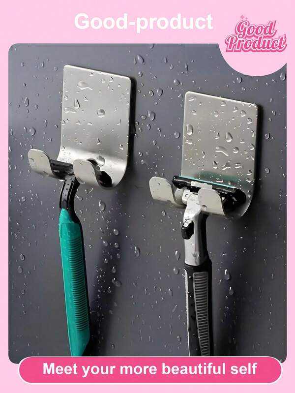 2/4pcs Razor Base, Silver Adhesive Wall Hook, No Need For Drilling, Bathroom Razor Base, Stainless Steel Door And Wall Hook, Bedroom Hat Hook, Bathroom Kitchen Bedroom Bathrobe Hook