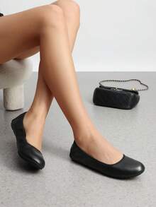 Women Round Toe Flats Casual Soft Bottom Foldable Ballet Flats  Comfortable Slip On Travel Vacation Office Wedding Shoes - màu đen - Xem 2