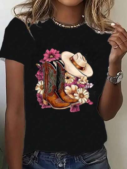 100% Cotton Women's Black T-Shirt - Featuring A Printed Design Of "Vintage Western Cowboy Hat And Boots With Pink Flowers," A Perfect Gift For Mom, Wife, Or Grandma, Ideal For Everyday Wear. This Crew-Neck Casual Top Is Designed For Women, Machine Washable, And Comfortable And Breathable. It Is Suitable For Both Daily Casual Wear And Festive Occasions.