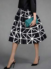 Chân váy xòe nữ thanh lịch, kiểu dáng thường ngày, họa tiết hình học đen trắng, chất liệu vải dệt, thích hợp cho mùa xuân. - màu nâu - Xem 1