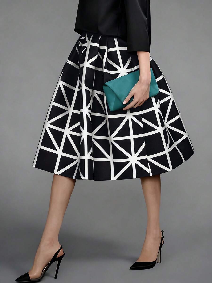 Chân váy xòe nữ thanh lịch, kiểu dáng thường ngày, họa tiết hình học đen trắng, chất liệu vải dệt, thích hợp cho mùa xuân. - màu nâu - Xem 1