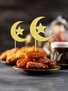 10/20/30pcs Gold Crescent Moon Cupcake Toppers - Eid Mubarak Decorations - Gold Glitter Eid Party Cake Decorations