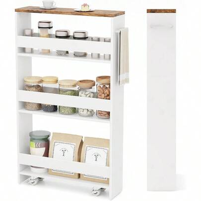 Slim Storage Cart W/Handle 4-Tier Slide Out Utility Cart Shelving Unit Organizer Trolley For Narrow Places Perfect For Laundry Kitchen Living Room Rustic Brown+White