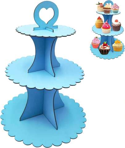 3-Tier Cupcake Stand - Cardboard Dessert Holder Sturdy Portable Multi-Level Tower Birthday Wedding Shower Party Decor Blue