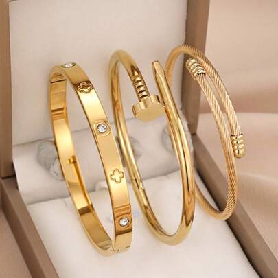 1/3 Pcs Stainless Steel High Quality Zirconia Flower Bead Bracelet Set, Suitable For Teenagers Daily Wear, Also Can Be Given As Gifts To Friends