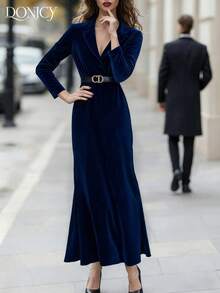 DONICY 女士纯色丝绒领带连衣裙，修身复古优雅简约红色连衣裙，适合出席宾客、婚礼、嘉年华、鸡尾酒会、情人节晚宴、新年正式场合。 - 寶藍色 - 查看 4