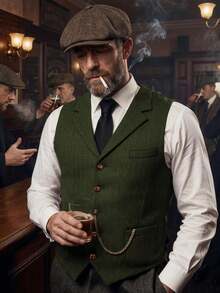 1pcs Men's Vintage Classic Herringbone Pattern Suit Vest V-Neck Casual Wool Blend Waistcoat For Men Business Casual And Formal Wear - 軍綠色 - 查看 3