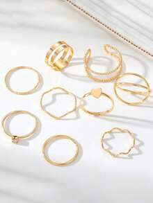 Set de 9 anillos elegantes y de moda con diseños geométricos de círculos, corazones y cristales de strass trenzados - Multicolor - Ver 3