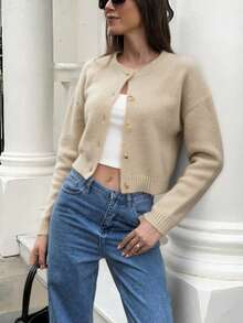 Áo khoác cardigan ngắn tay dài cổ tròn cho nữ hiệu FOR BEAUTY, màu trơn, kiểu dáng tối giản, ôm sát, thích hợp mặc đi làm, áo len dệt kim đa năng, thích hợp cho năm mới. - Màu be - Xem 6