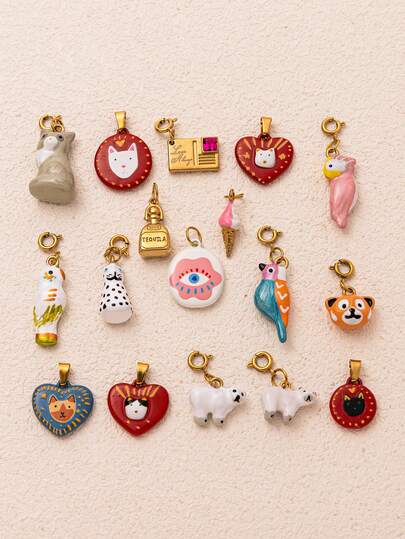 1pc Cute & Fashionable INS Cartoon Style Stainless Steel Raccoon, Siamese Cat, Polar Bear, Parrot, Ice Cream Pendant, 18K Gold Plated, DIY Jewelry Accessory, Necklace, Bracelet, Earring, Keychain, Bag Charm, Women Jewelry, Wallet Charm, Suitable For Wife And Mother Casual Wear