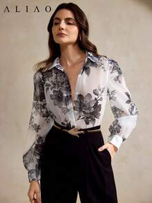 Áo sơ mi dài tay mỏng in họa tiết cao cấp Aliao, kiểu dáng nghỉ dưỡng, trang phục mùa thu dành cho nữ, áo cài nút, áo kiểu Fowy. - Nhiều màu - Xem 5
