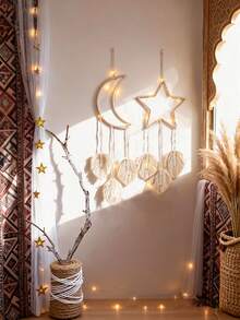 1件手工钩编蕾丝星月捕梦网壁挂装饰，波西米亚风格家居装饰，适用于客厅、卧室、婚礼、节日礼物 - 手工樹葉編織 - 查看 3