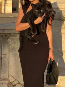 黑色方领中长连衣裙 | 修身包臀连衣裙，适合约会和正式场合，夏季优雅之选 - 黑色 - 查看 7