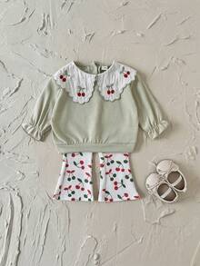 2pcs/Set Toddler Girls' Cherry Embroidery Peter Pan Collar Green Sweatshirt And Pants Set, Spring/Autumn - Mint Green - View 8