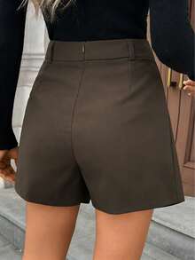 女士休闲纯色裹身短裤，通勤风格，不对称叠层设计 - 学院风，70年代复古风，舒适休闲，通勤必备，复古魅力，适合学校、教学、办公等各种场合，适合春、夏、秋季穿着。 - 棕色 - 查看 4