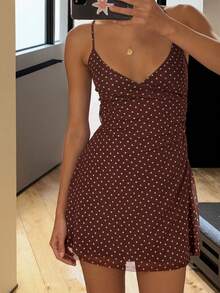 Women's Contrast Strap Ruffle Collar Mini Dress, Suitable For Beach, Western Style, Music Festival, Summer Vacation Wear, Bohemian Coffee Color Summer Dress, Coffee Vacation Outfit, Coffee Beach Outfit, Polka Dot Dress - Maroon - View 4