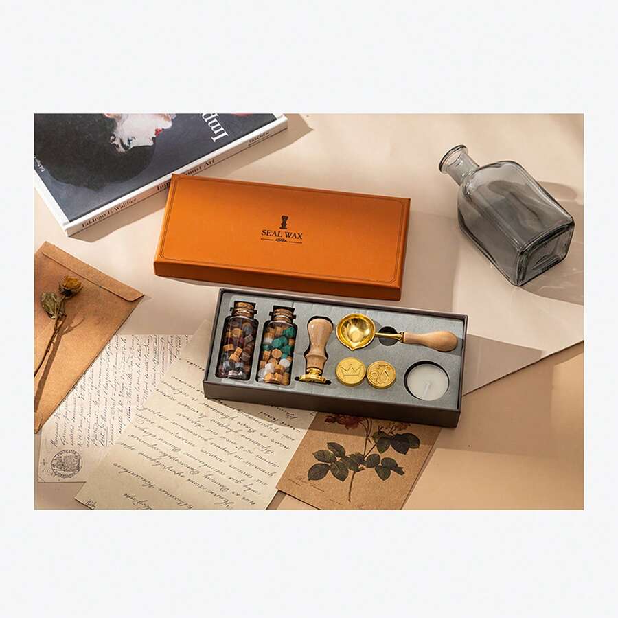 Vintage Sealing Wax Stamp Kit: 3 Stamps, 2 Sealing Wax Beads, Spoon, And Candle. Perfect For Holiday Cards, Letters, Weddings, Packaging, And Crafts. An Ideal Gift For Creative Personalization And Decoration. - Ginger - View 1