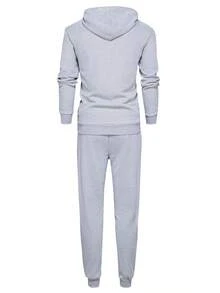 男士轻薄面料个性米兰字母印花连帽衫和长裤套装，时尚休闲男装，带口袋，抽绳腰带长裤，适合凉爽的春秋季天气 - 淺灰色 - 查看 3