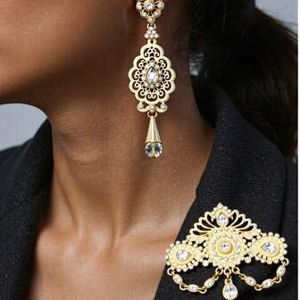 1 세트 우아한 아랍 여성 브로치 & 귀걸이 세트, 중동, 상감된 다채로운 모조 다이아몬드, 속이 빈 덩굴 꽃무늬, 전통적인 무슬림 보석