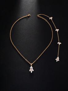 奢华花卉锆石新娘背链项链，长款吊坠女士夏季全锆石新娘身体链婚礼首饰，夏季 - 金色 - 查看 2