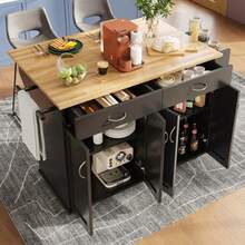 Modern Kitchen Island (106*50*90.5cm), Kitchen Cabinet, Sideboard, Dining Cart With Wood Grain, Buffet Cabinet, Multifunctional Dining Table With Storage Space, Black - Black - View 12