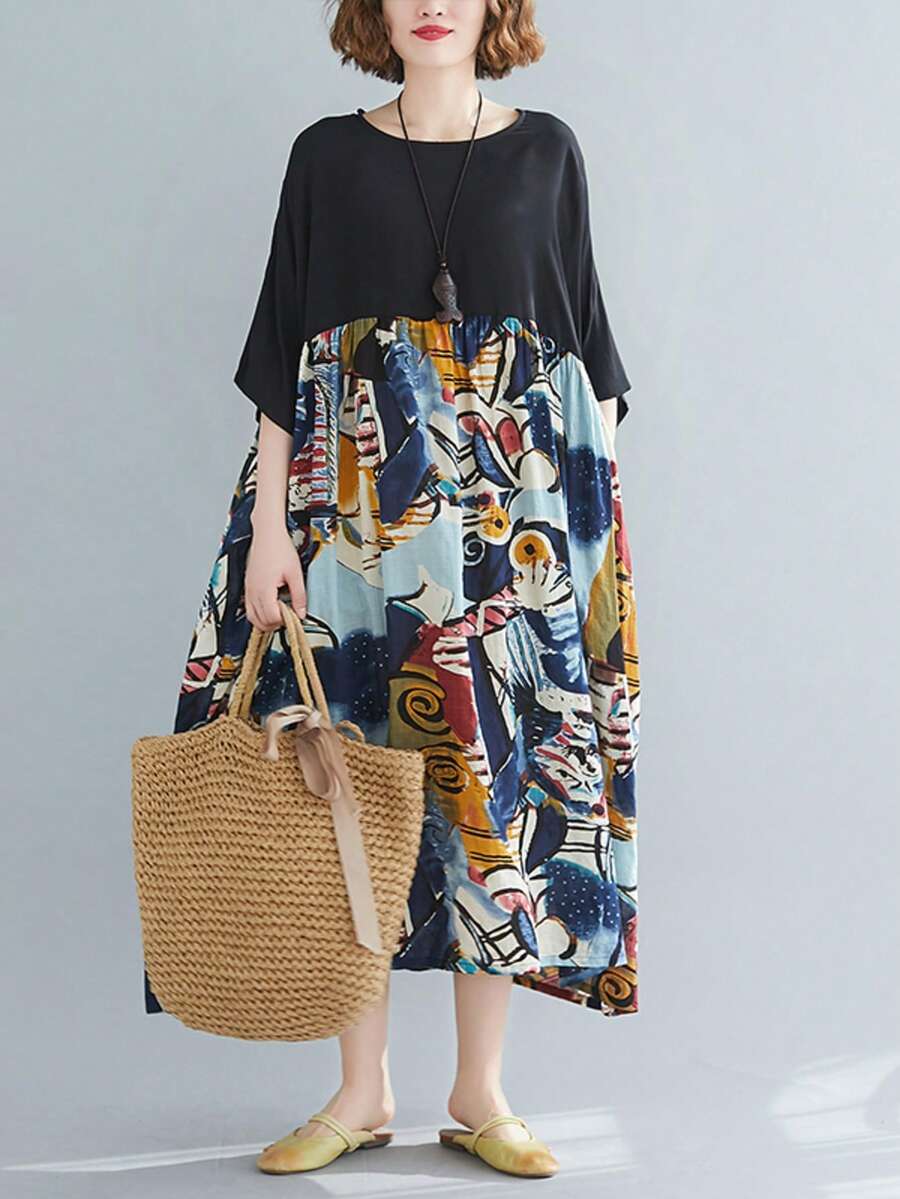 Đầm dự tiệc phối màu tương phản năm 2026, đầm dài dáng rộng phong cách Bohemian dành cho nữ, họa tiết trừu tượng, cổ tròn, tay cánh dơi ngắn, có túi, chất liệu vải dệt, dáng chữ A. - màu đen - Xem 1