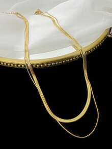 2件套女士时尚简约百搭蛇骨链项链套装，可叠戴 - 金黃色 - 查看 2