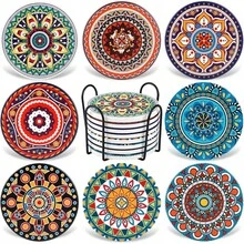Coasters For Drinks,AODINI Set Of 8 Absorbent Stone Coasters For Wooden Table, Mandala Ceramic With Cork Base, Gift For Housewarming Birthday And Family - Great Home And Dining Room Decor - mặc định - Xem 3