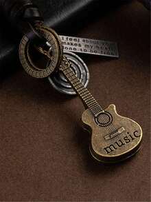 1pc Stylish Retro Guitar-Shaped Leather Keychain, Woven Leather Keychain For Men And Women, Backpack Charm, Souvenir Gift, New Year's Gift. - Bronze - View 2