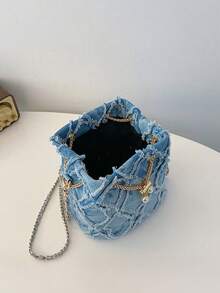 New Fashion Classic All-Match Solid Color Diamond Lattice Raw Edge Metal Drawstring Opening And Closing Design Shoulder Bucket Bag, Elegant Women's Wallet, Drawstring Fringe Shoulder Bag, Denim Bucket Bag, Women's Pearl-Embellished Drawstring Chain Crossbody Bag, Luxury Women's Crossbody Bag, Fashionable Denim Single-Shoulder Tote With Chain Strap And Diamond-Patterned Linen Trim, Wearable Crossbody Or Underarm Carry, Multi-Pocket Design, Oversized Relaxed Hobo Bag With Adjustable Strap, Pearl Rhinestone Bucket Bag, Elegant Evening Clutch, Travel Tote, Niche-Design Commuter Handbag, Distressed Fringe Shoulder Bag, Quilted Distressed Fringe Cylindrical Tote, Drawstring Tote Casual Women's Bag. Perfect For Shopping, Commuting, Parties, And Gatherings. Christmas, Thanksgiving, Cyber Monday Holiday Gifts. Velvet Party Bags For New Year's, Winter, And Snow Season. Year-End Promotions. Warm, Plush, Fur-Lined Styles.End-Of-Year Stocking Stuffers Christmas Gifts - Blue - View 10