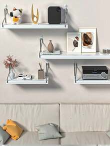 1pc,Wall Mounted Floating Shelves (30/40/50cm, White) - No Drill Installation, With Hooks Included, Space-Saving Storage For Living Room, Bedroom, Kitchen, Bathroom - White - View 5