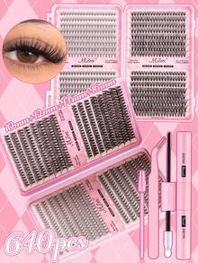 640pcs D-Curl Flare False Eyelashes Set, Bulk Combo Pack, DIY Eyelash Tools Kit, 30D+40D+50D Lash Clusters, Personal D-Curl Flare Eyelash Set Includes Lash Glue & Setting Liquid, 9-16mm Mixed Length Fake Lashes. Lash Cluster Set, False Eyelashes, Suitable For Travel, Daily Wear (Beginner Friendly), Wedding, Date, Party, Holiday And More, Also Great As Christmas/Halloween/Gift Eyelash Set. - Black - View 6