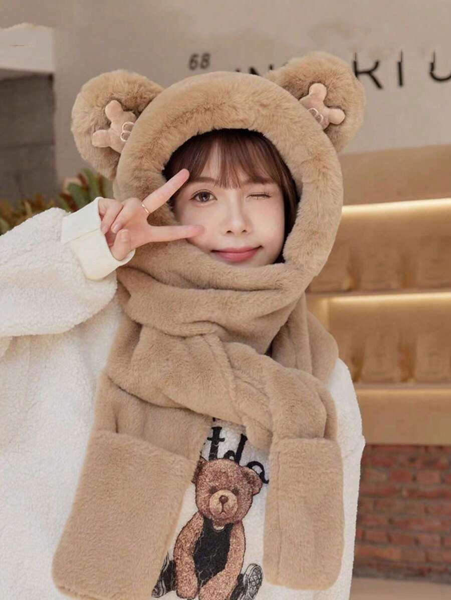 1顶秋冬可爱小熊帽，一体式加厚保暖防风连帽，冬季户外旅行防寒一体帽，多色毛绒帽，加厚保暖，适合户外工作者、骑行者、钓鱼者、滑雪者、通勤者等保暖配件 - 彩色 - 查看 1