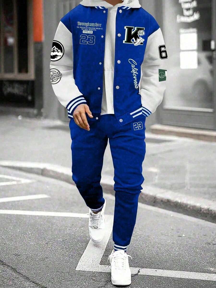 2pcs/Set Tween Boy Casual Patchwork Fleece Baseball Jacket And Drawstring Fleece Sweatpants Set, Autumn/Winter - Blue - View 1