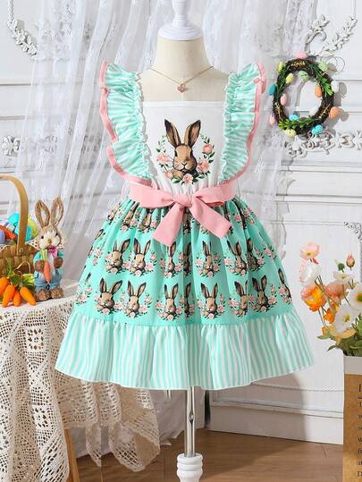 Vestido con estampado de conejito de pascua, diseño de lazo y volantes en el bajo, adecuado para fotografía, festivales y eventos temáticos, para niñas