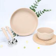 Bộ 4 bát ăn dặm bằng silicon cho trẻ em, họa tiết khủng long, thìa thép không gỉ 304 và đĩa silicon có đế hút, phù hợp cho trẻ sơ sinh và gia đình, chịu nhiệt, dễ vệ sinh, dùng được trong lò vi sóng và máy rửa chén. - Nhiều màu - Xem 8