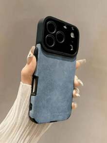 Luxury Matte Faux Leather Full Camera Lens Protection Phone Case, Compatible With 17/16/15/14/13/12/11 Pro Max Plus/17 Air, Lens Protection, Shock-Absorbing Soft Back Cover - Blue - View 3