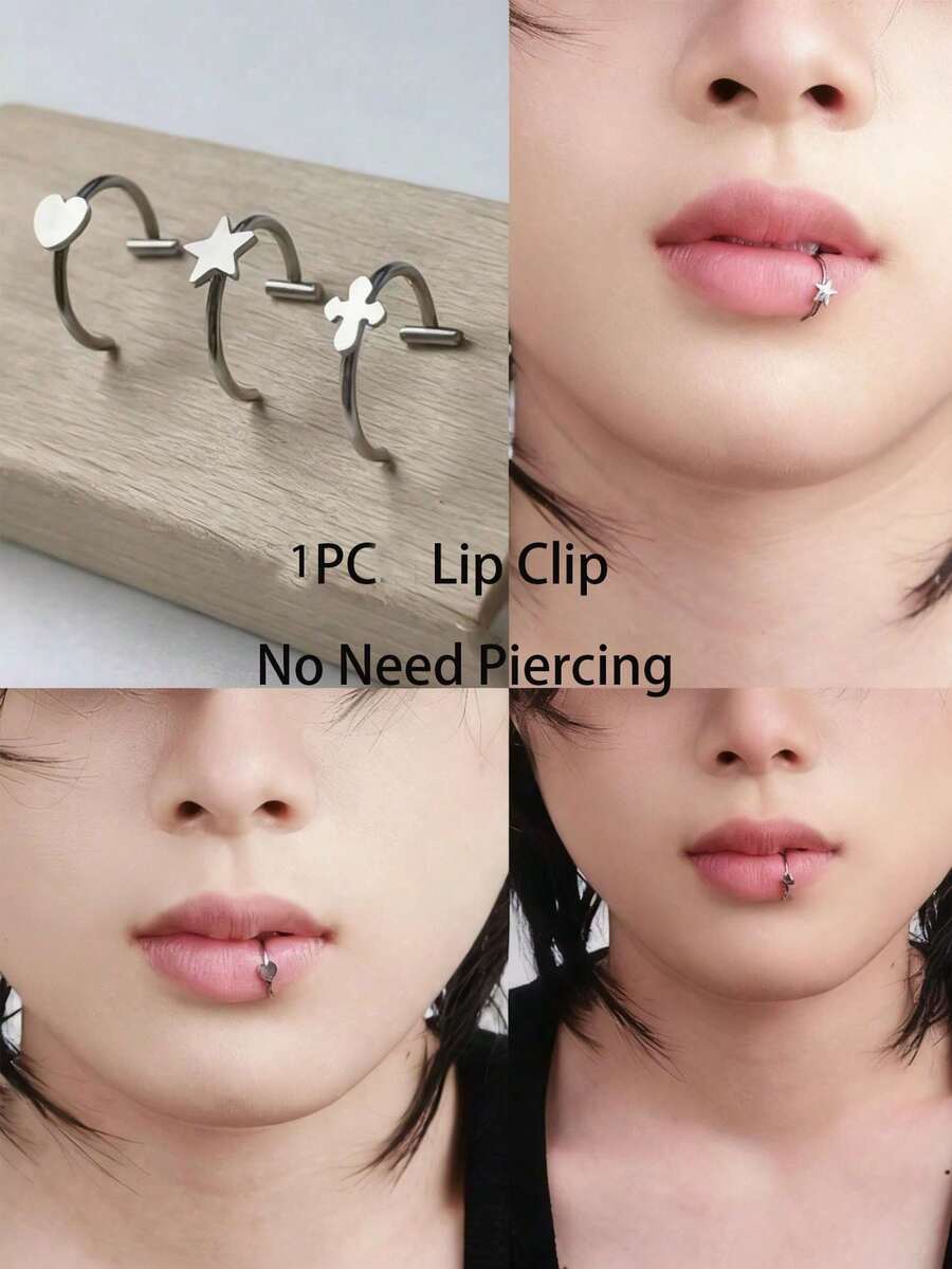1PC Heart Lip Clip Cross Faux Lip Ring Star Stainless Steel Lip Piercing Body Jewelry No Need Pierced
