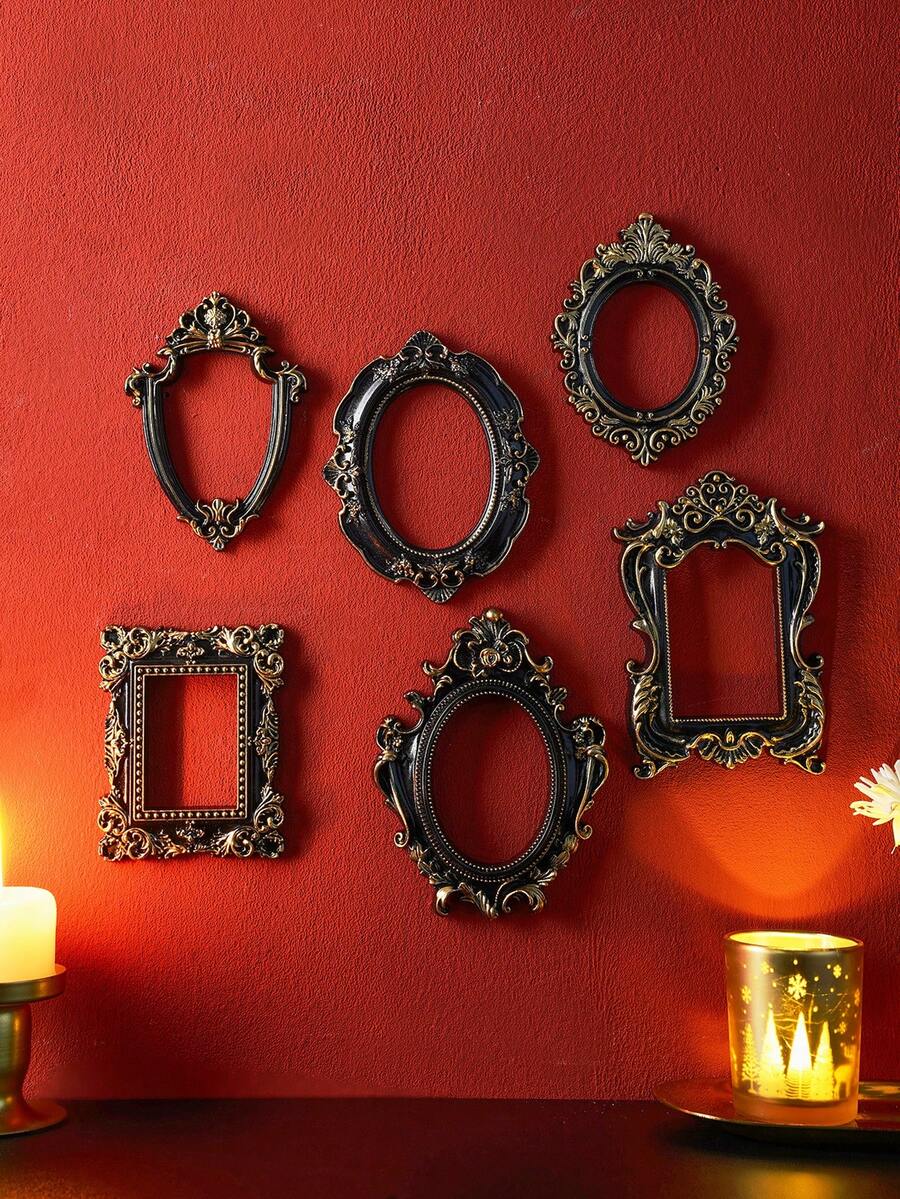 1 khung ảnh trang trí 3D bằng nhựa kiểu Châu Âu, họa tiết hoa, viền vàng đen, tự làm đồ trang trí tường, nhiều kiểu dáng để lựa chọn, thích hợp làm đạo cụ chụp ảnh, trang trí nhà thu nhỏ, trang trí không khí lễ hội. - màu đen - Xem 1